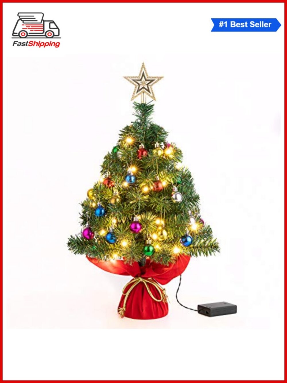 🎅 22Inch Tabletop Christmas Tree Mini Artificial PreLit 30 LED Lights 24 Ball